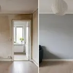 Before and after interior room showing worn, stained walls and freshly painted gray walls, illustrating how often should you repaint your home interior