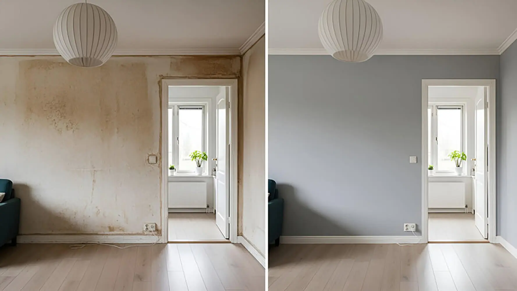 Before and after interior room showing worn, stained walls and freshly painted gray walls, illustrating how often should you repaint your home interior