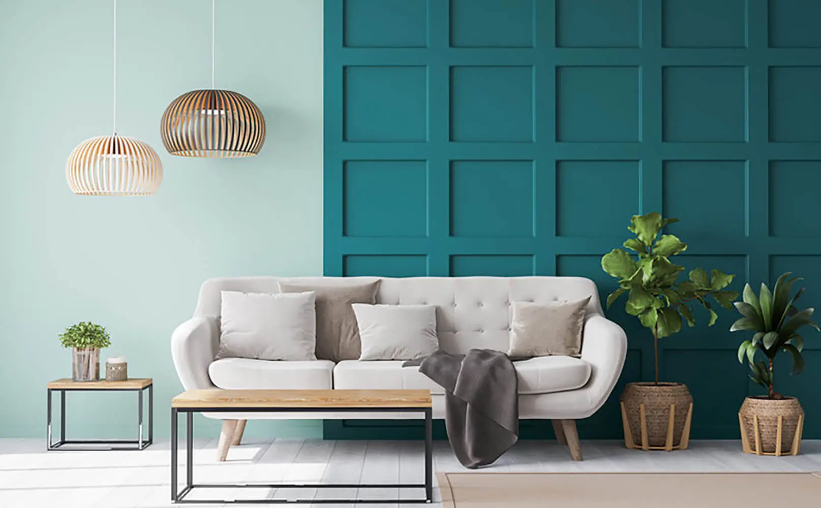 A living room with two contrasting wall finishes — mint green and deep teal board-and-batten — showing how to choose the right paint finish for interior walls