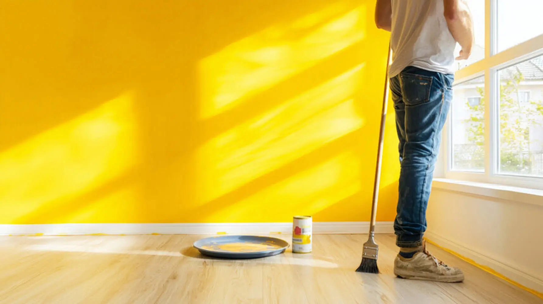 A homeowner standing in a cleared room with a paintbrush and paint can on the floor, preparing for an interior house painting project.