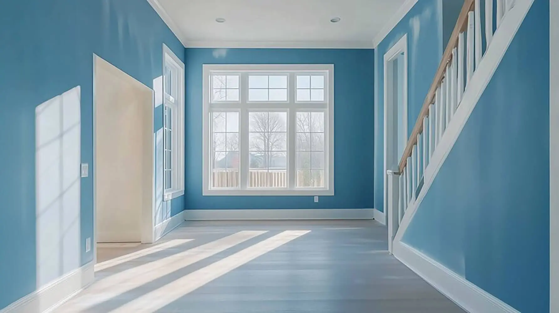 A freshly painted interior room with blue walls, white trim, and an open window allowing airflow to support interior paint drying and curing.