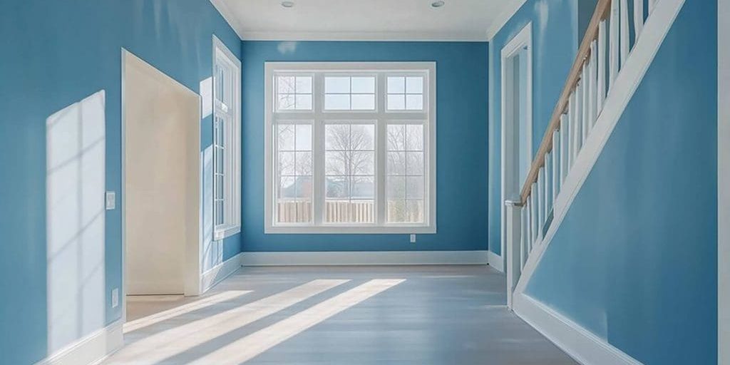 A freshly painted interior room with blue walls, white trim, and an open window allowing airflow to support interior paint drying and curing.